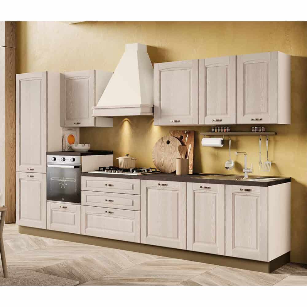 Cucina moderna in stile classico con ante in legno chiaro, piano nero e accessori di design, ideale per ambienti eleganti e funzionali.