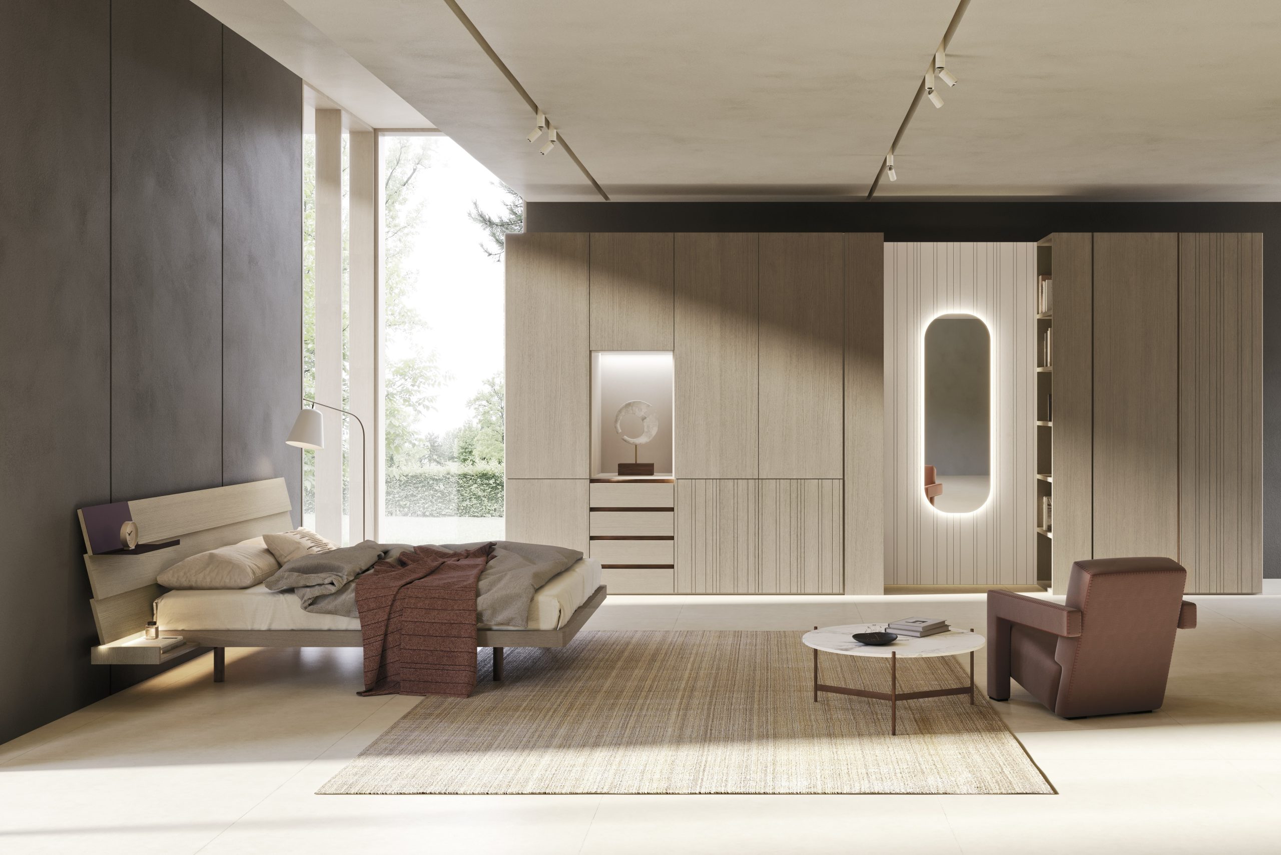 2025_mobilgam_n03_01 Elegante camera da letto moderna con arredi in legno chiaro, pareti grigie scure, grande finestra a parete, ramo di luce integrato, area relax con poltrona e tavolino in marmo, ideale per arredo di design.