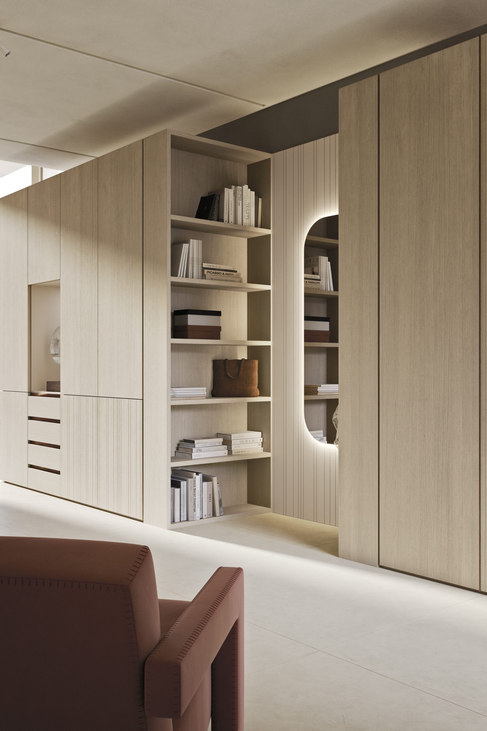 2025_mobilgam_n03_p4 Elegante libreria in legno naturale con apertura a battente e mensolette a vista, arredamento moderno e funzionale per ambienti living raffinati.