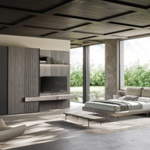 Elegante camera moderna con mobili su misura in legno e finiture minimal, ampie finestre con vista sul verde, arredo di design per ambienti di gamma alta.