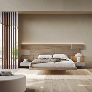 Design elegante e moderno di camera da letto con collezione di mobili Alpe Arredi, arredamento minimalista in legno chiaro, atmosfera accogliente, stile scandinavo e comfort esclusivo.