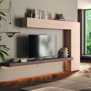Elegante mobile TV moderno con mensola sospesa in legno di alta qualità, ideale per arredare con stile e funzionalità il soggiorno, offerte da Alpe Arredi.