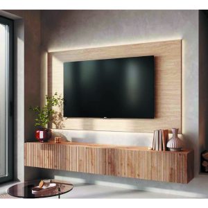 Elegante mobile TV in legno naturale con pannello a parete, arredamento moderna e minimalista, complemento d'arredo in legno massello, design contemporaneo per soggiorno raffinato.