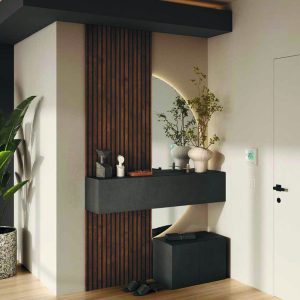 Elegante arredo d'ingresso con mensola in pietra e decorazioni verdi, combinazione di design moderno e funzionalità, perfetta per ambienti sofisticati e di tendenza.