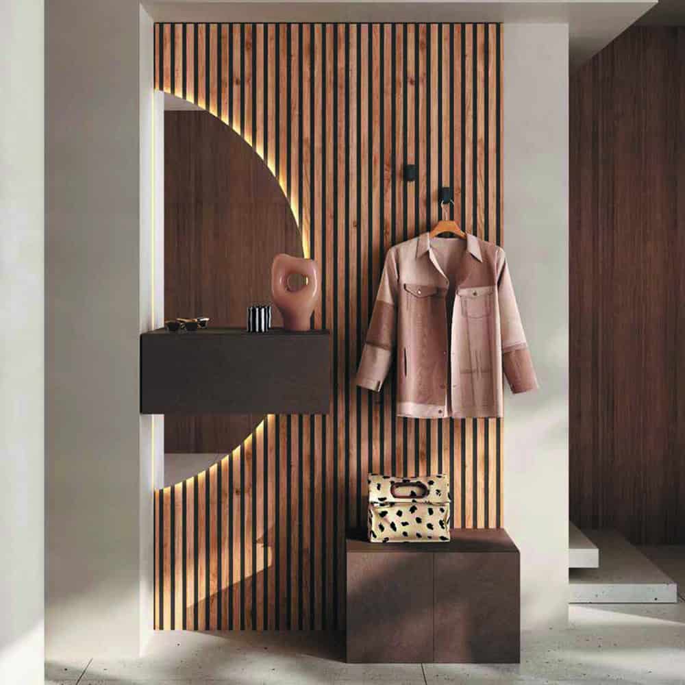 COMP 298 Finiture in legno e arredi moderni per interni eleganti di Alpe Arredi, con pareti in legno con luci integrate, vasetto decorativo e borsa di design.