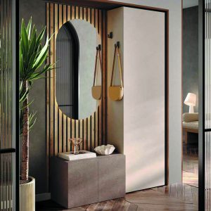 Elegante mobile ingresso moderno con specchio ovale, idee di arredamento di alta qualità di Alpe Arredi, perfetto per l'entrata di casa.