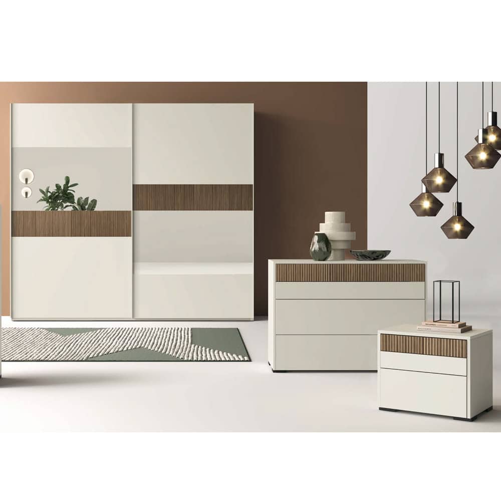 4 Elegante mobile soggiorno in stile moderno con finiture in legno e bianco, ideale per arredare con raffinatezza ambienti living contemporanei.