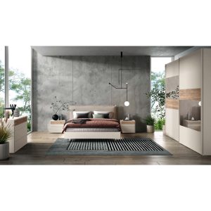 Camera da letto moderna con arredi minimalisti in stile scandinavo, pareti in cemento e grandi finestre che lasciano entrare molta luce naturale, ideale per ambienti eleganti e contemporanei.