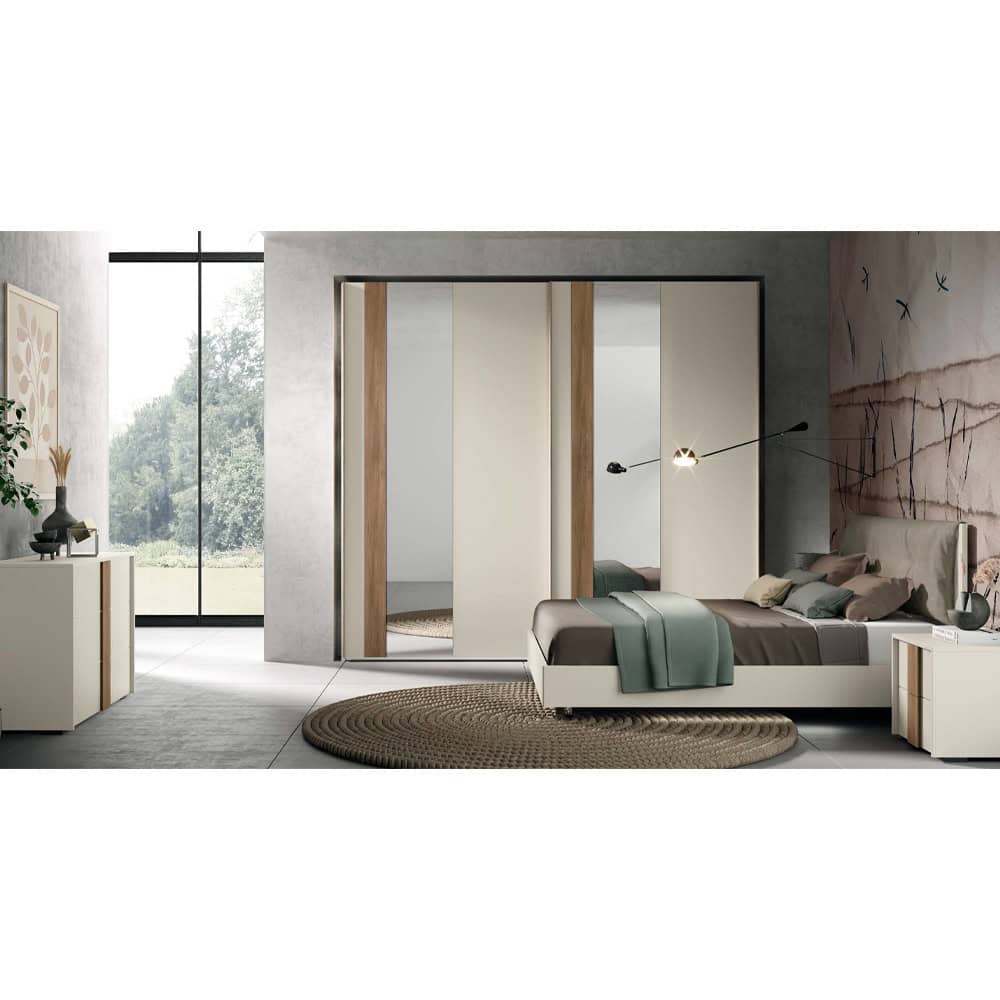 1 Altezza camera moderna con armadio a specchio e arredi minimalisti, ambientazione elegante e luminosa, perfetta per uno stile di vita contemporaneo e raffinato.