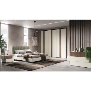 Elegante camera da letto moderna con arredi di design, letto con testiera imbottita verde, armadio a parete con ante scorrevoli e mobili coordinati, ambientazione luminosa e raffinata.