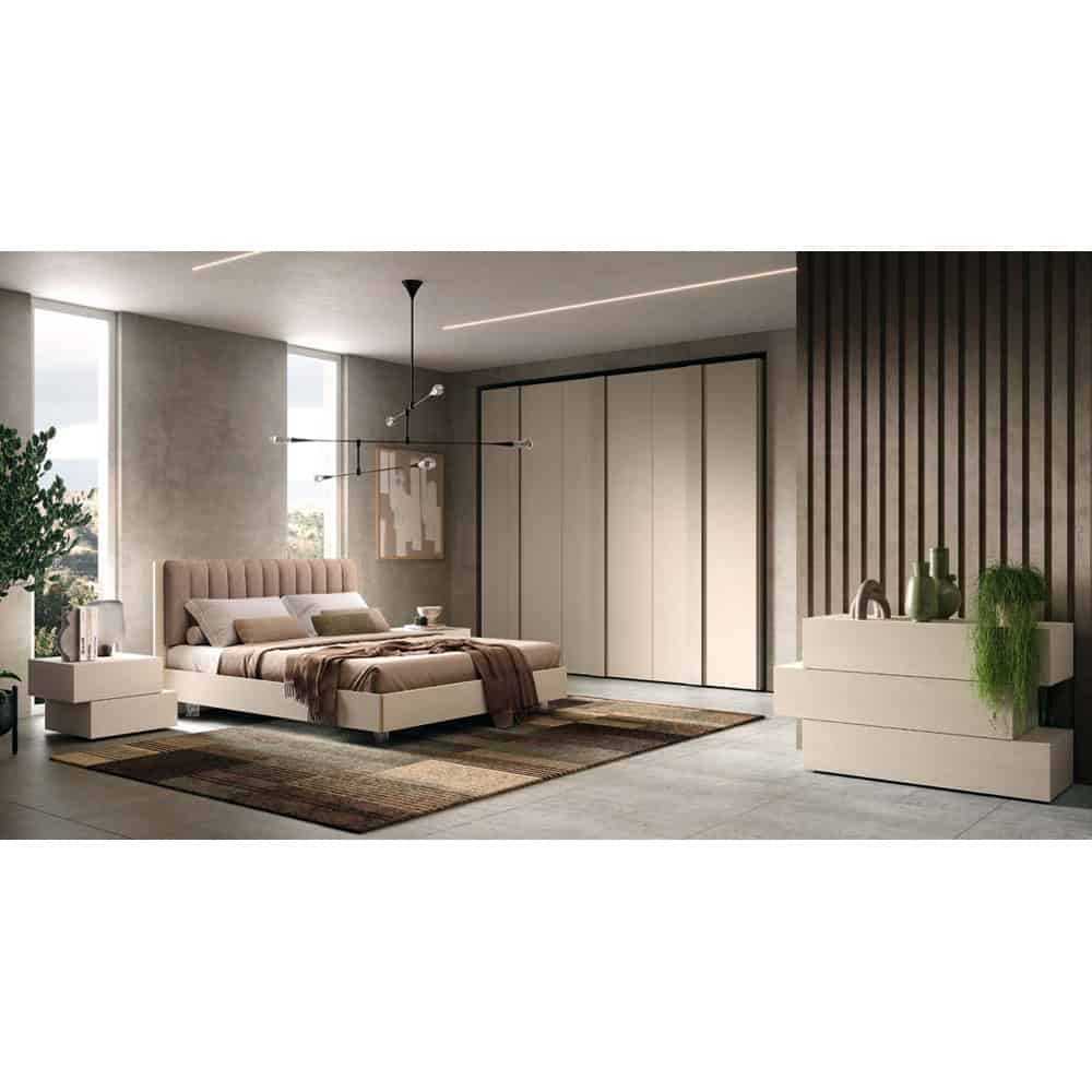 4 Elegante camera da letto moderna con arredi in stile minimalista, letto imbottito e armadio a parete, ambientazione luminosa e raffinata.