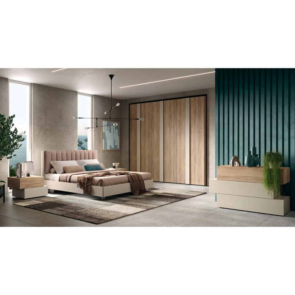 5 Elegante camera da letto moderna con arredi in legno naturale, pareti in tonalità neutre e dettagli di design minimalista, ideale per ambienti di stile contemporaneo e funzionale.