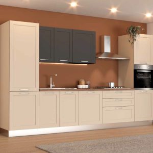 Lavagna di cucina moderna con mobili in stile minimalista, pensili grigi e ante beige, piano cottura a gas, cappa aspirante e forno integrato, decorazioni floreali e illuminazione soffusa.