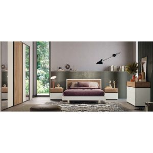 Camera da letto moderna con mobili in legno e dettagli eleganti, ambientazione luminosa e accogliente, perfetta per arredi di alta qualità di Alpe Arredi.