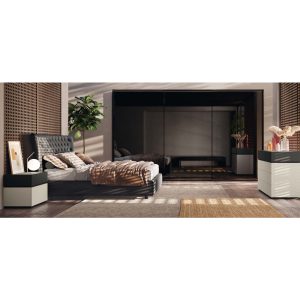 Camera da letto moderna con letto in pelle, armadio a specchio e decorazioni eleganti, ambientazione di design di alta qualità di Alpe Arredi.