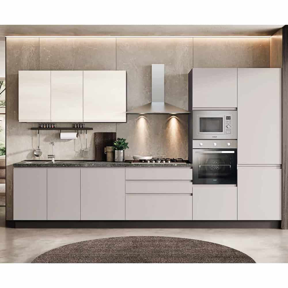 Cucina moderna con ante bianche, piano in granito e elettrodomestici integrati, in un ambiente elegante e minimalista.