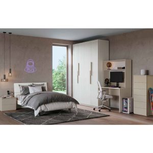 Camera da letto moderna con armadio bianco, scrivania e letto con biancheria grigia, finestra con vista su natura, decorazioni minimaliste.