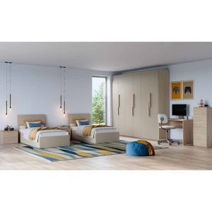 Camera da letto moderna con due letti singoli, armadio grande e area studio, decorata con colori neutri e dettagli colorati, ideale per ambienti di design contemporaneo.
