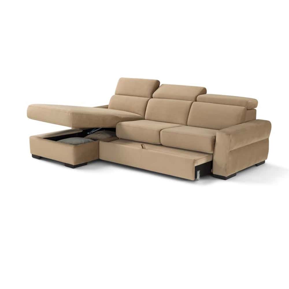 2 Divano angolare in tessuto beige con funzione letto e contenitore, ideale per arredare soggiorni moderni e funzionali.