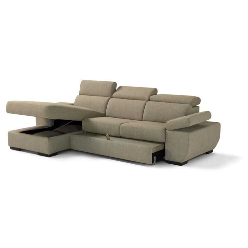 2 Divano angolare moderno in tessuto beige con funzione relax e contenitore, ideale per soggiorni eleganti e funzionali.