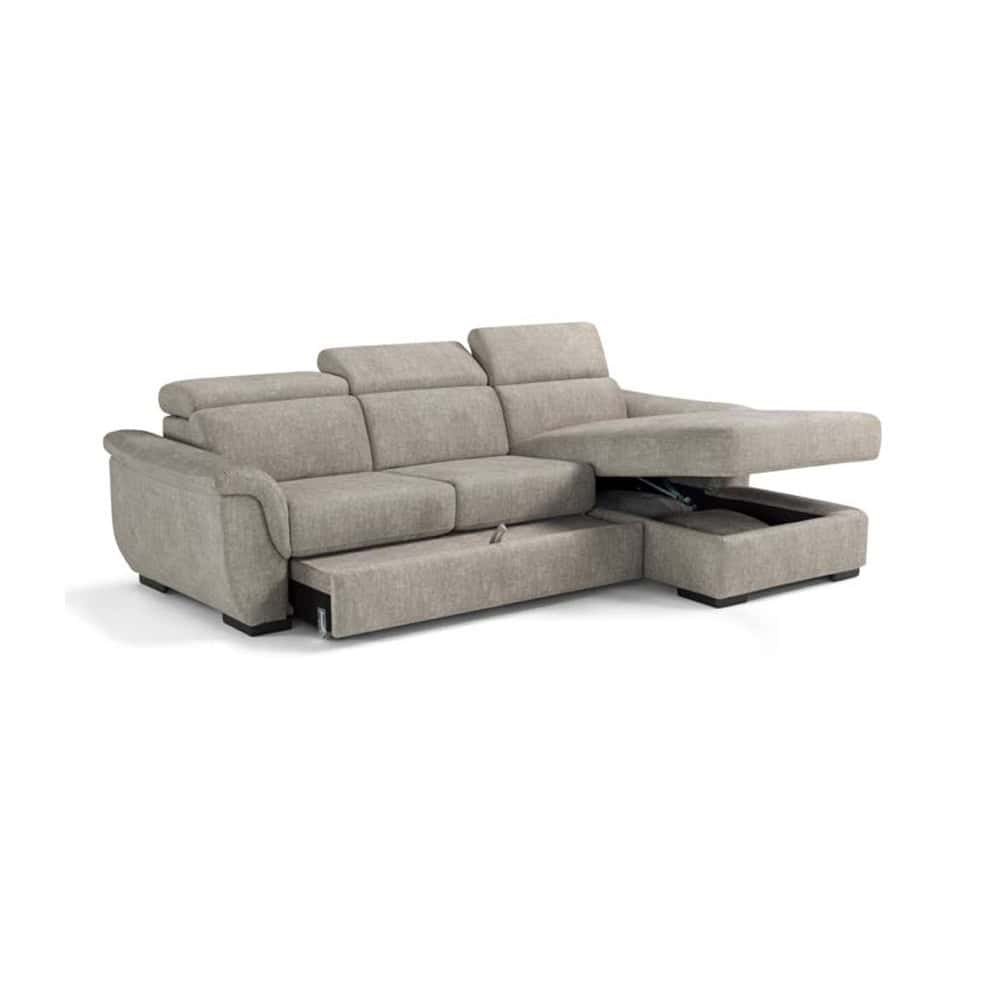 3 Divano angolare moderno in tessuto beige con funzione letto e contenitore, ideale per soggiorni eleganti e funzionali.