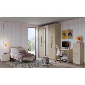Camera da letto moderna con armadio, scrivania e decorazioni colorate, ambiente luminoso e accogliente.