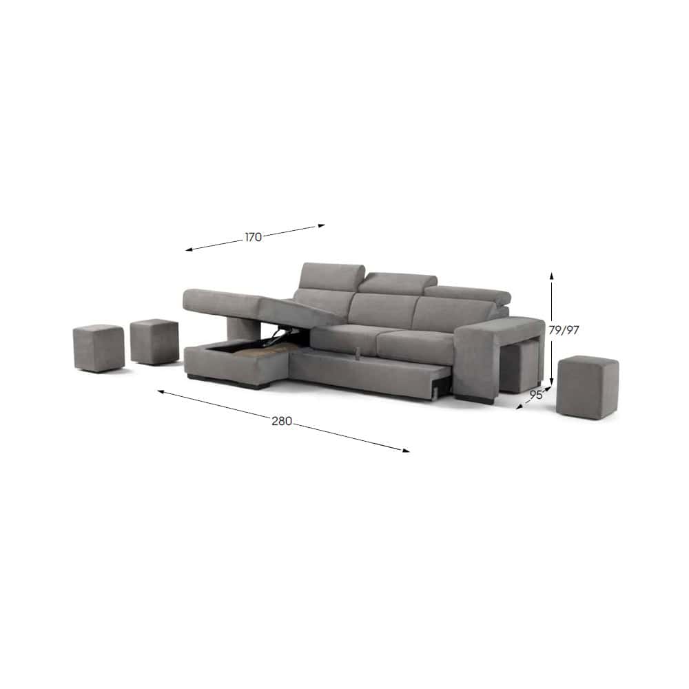 3 Divano modulare grigio con pouf e tavolino, design moderno e funzionale, ideale per soggiorni eleganti e confortevoli.