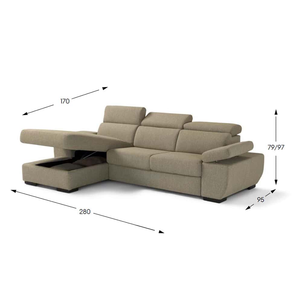 4 Divano angolare moderno in tessuto beige con funzionalità di reclinazione e spazio contenitore, ideale per soggiorni eleganti e funzionali.