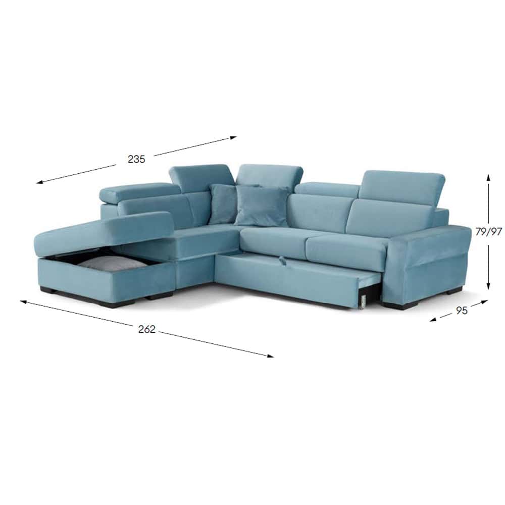 6 Divano angolare in tessuto azzurro con funzione letto e contenitore, dimensioni dettagliate per arredo moderno.