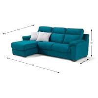 Divano con chaise longue FRANCY in tessuto blu con dimensioni e cuscini bianchi, ideale per soggiorno elegante e confortevole.