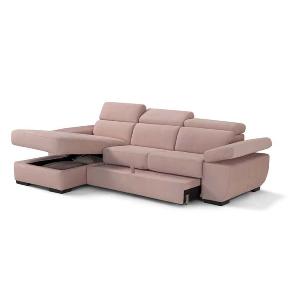3 Divano angolare moderno in tessuto rosa chiaro con funzione letto e contenitore, ideale per soggiorni eleganti e funzionali.