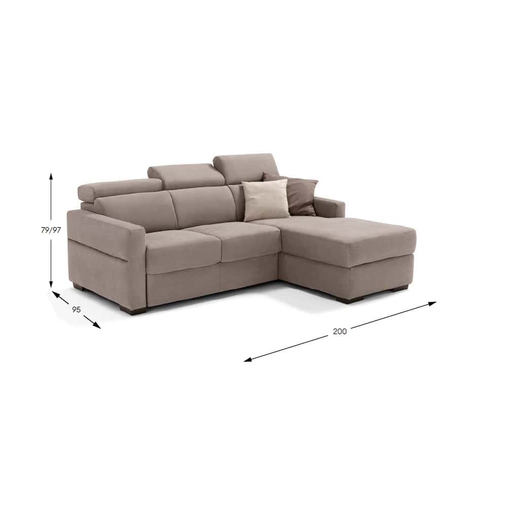 Divano angolare in tessuto beige con cuscini decorativi, dimensioni 200x95x79/97 cm, ideale per arredare soggiorni eleganti e moderni.