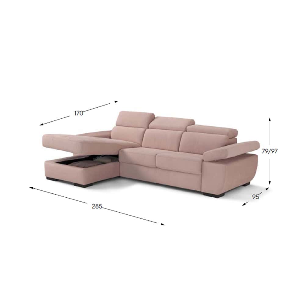 4 Divano angolare in tessuto rosa chiaro con funzione letto e contenitore, dimensioni dettagliate.
