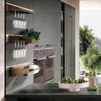 Cucina moderna con armadi verdi, forno integrato e scaffali con bicchieri e piante, ambientazione luminosa e elegante.
