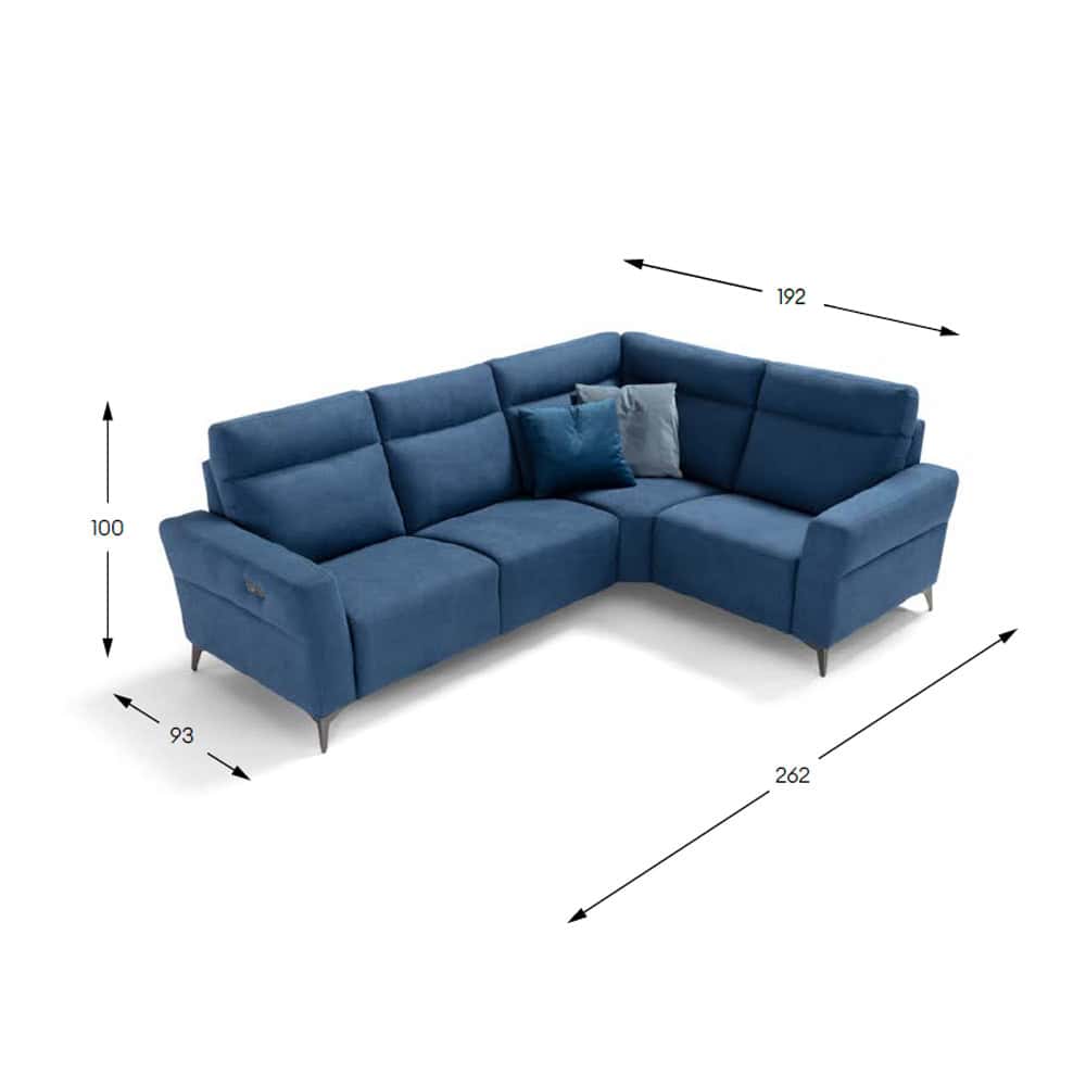 Divano angolare blu in tessuto con dimensioni di 262x192x100 cm, ideale per arredare soggiorni moderni e accoglienti.