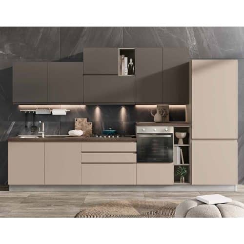 Cucina moderna con armadi grigi e elettrodomestici integrati, design elegante e funzionale.