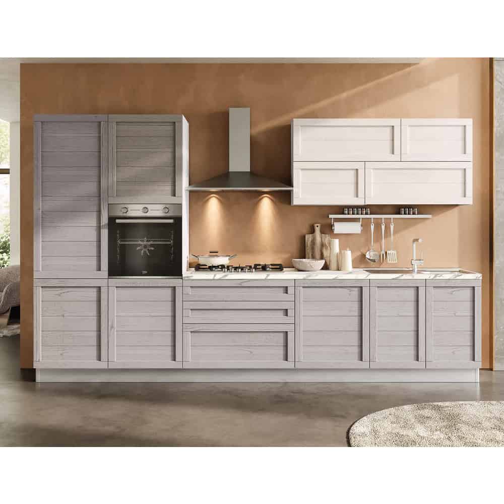 Cucina moderna Elsa 360 Poker in finitura grigia con elettrodomestici integrati e piano di lavoro in marmo, ideale per ambienti contemporanei.