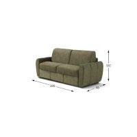 Divano moderno in tessuto verde con dimensioni 205x98x100 cm, ideale per soggiorni eleganti e confortevoli.