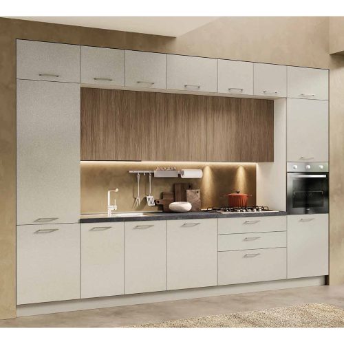 Cucina moderna SANDY 360 con ante bianche e dettagli in legno, ideale per ambienti contemporanei e funzionali.