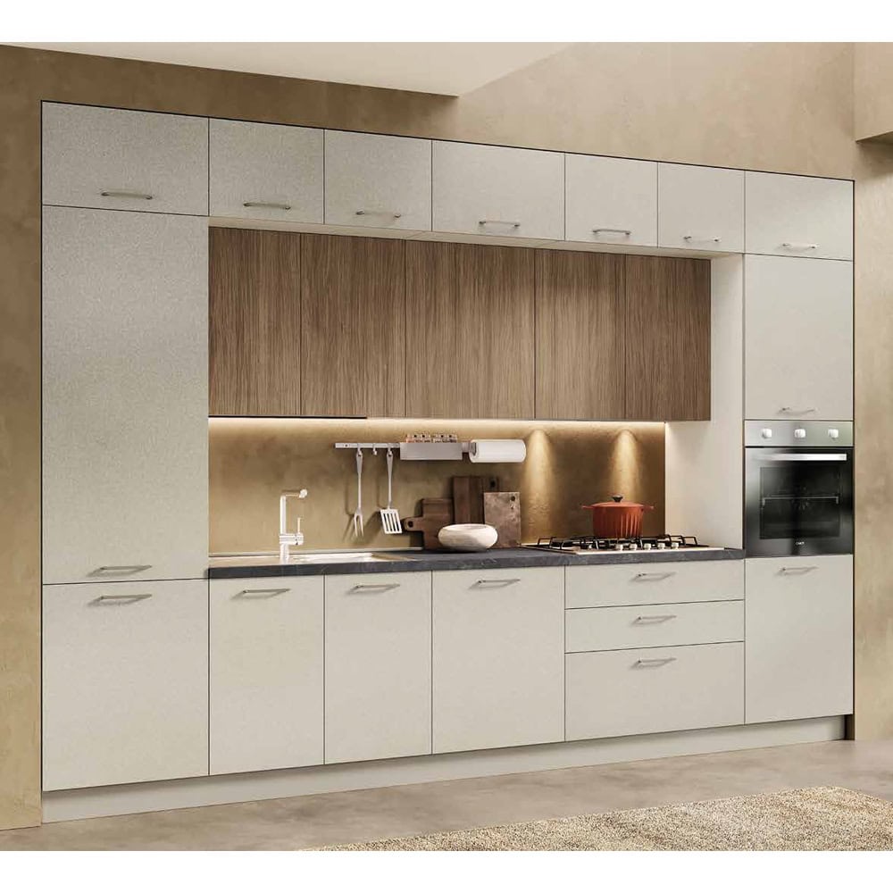 Cucina moderna SANDY 360 con ante bianche e dettagli in legno, ideale per ambienti contemporanei e funzionali.