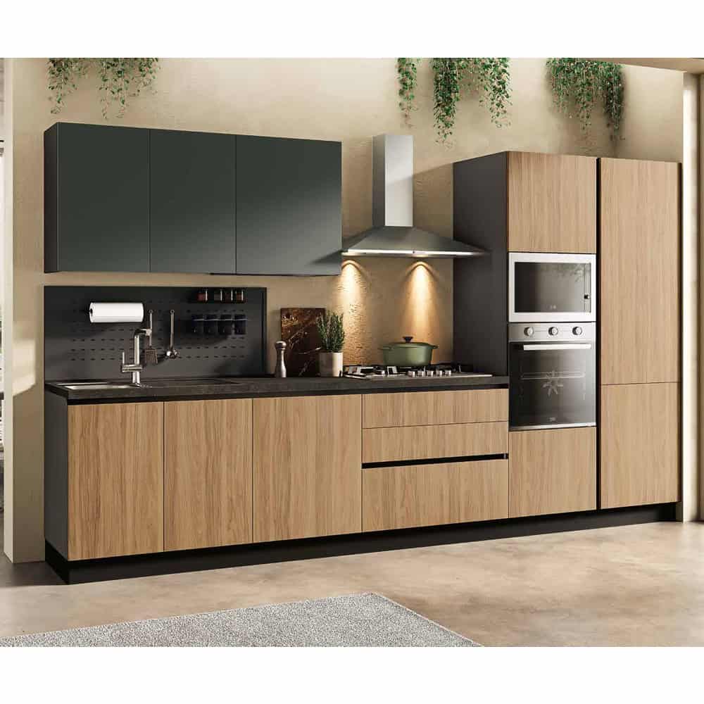 Cucina moderna SANDY 360 con ante in legno e pensili verdi, dotata di forno e piano cottura, ideale per ambienti contemporanei.
