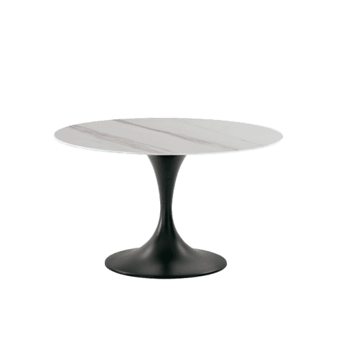 Tavolo JAZZ con piano in marmo bianco e base nera, design moderno e elegante.