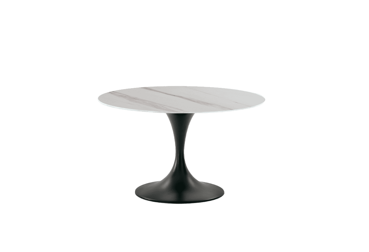 Tavolo JAZZ con piano in marmo bianco e base nera, design moderno e elegante.