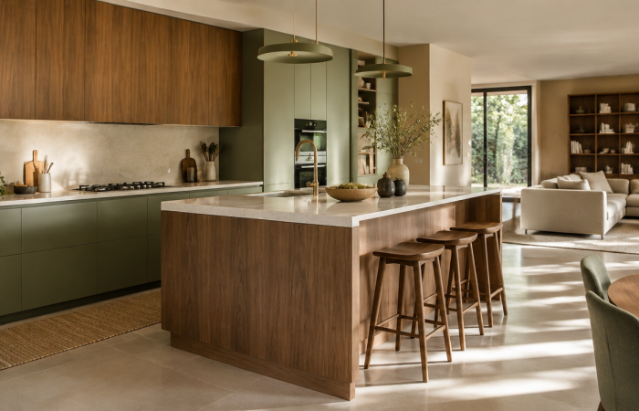 Cucina moderna con isola in legno e mobili verde salvia, ambiente luminoso e accogliente.