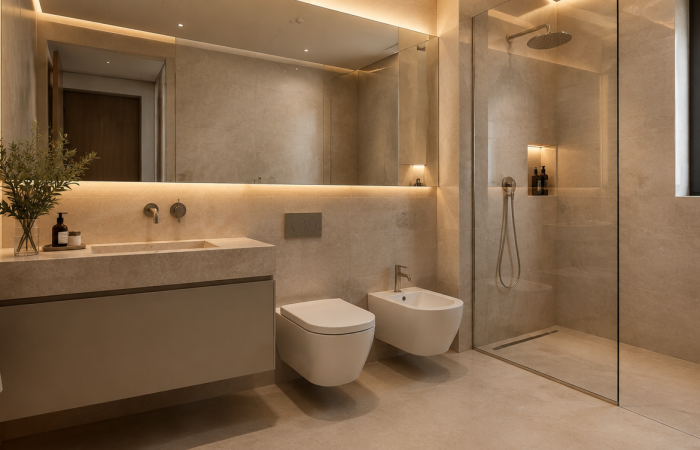 Bagno moderno con pareti in pietra, lavabo sospeso, bidet e WC, grande doccia con parete in vetro e illuminazione soffusa.