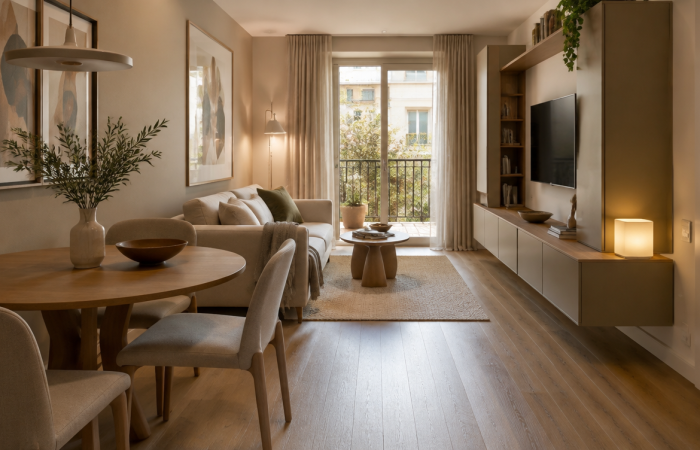 Soggiorno piccolo con arredi moderni, divano, tavolo da pranzo e TV, ambiente luminoso con grandi finestre e decorazioni eleganti.
