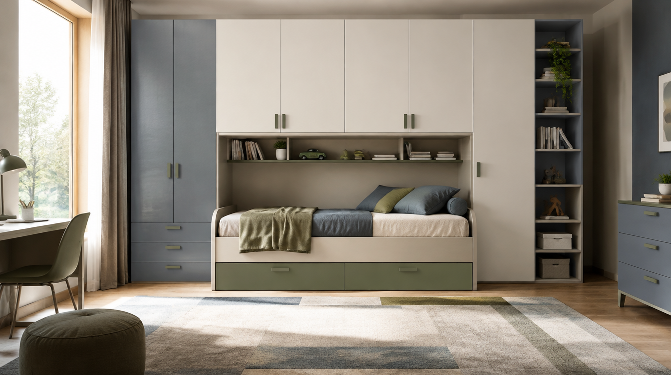 Cameretta a ponte moderna con armadiature bianche e verde, ideale per ottimizzare lo spazio e garantire comfort ai bambini.