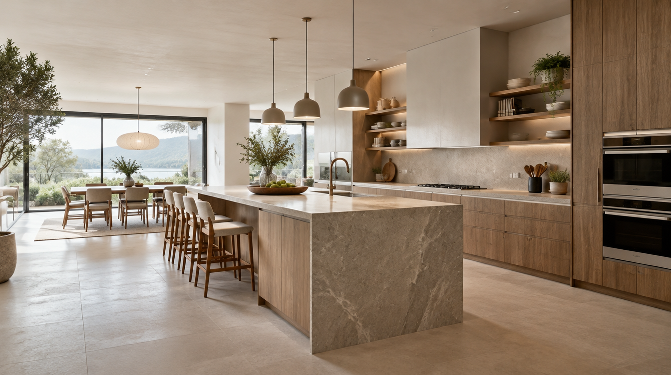 Cucina moderna con isola in marmo, mobili in legno chiaro e ampie finestre che offrono vista sul paesaggio naturale.