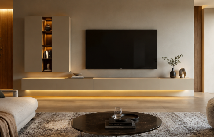 Parete TV moderna con mobile sospeso e illuminazione a LED, arredamento elegante per soggiorno contemporaneo.