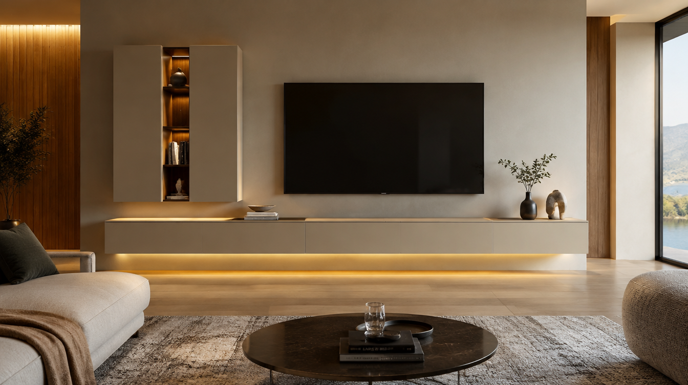 Parete TV moderna con mobile sospeso e illuminazione a LED, arredamento elegante per soggiorno contemporaneo.